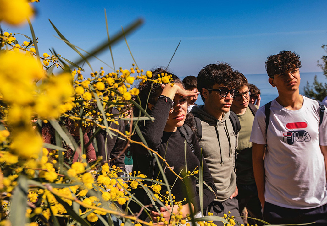 Adolescenti in gita in un bosco di mimose